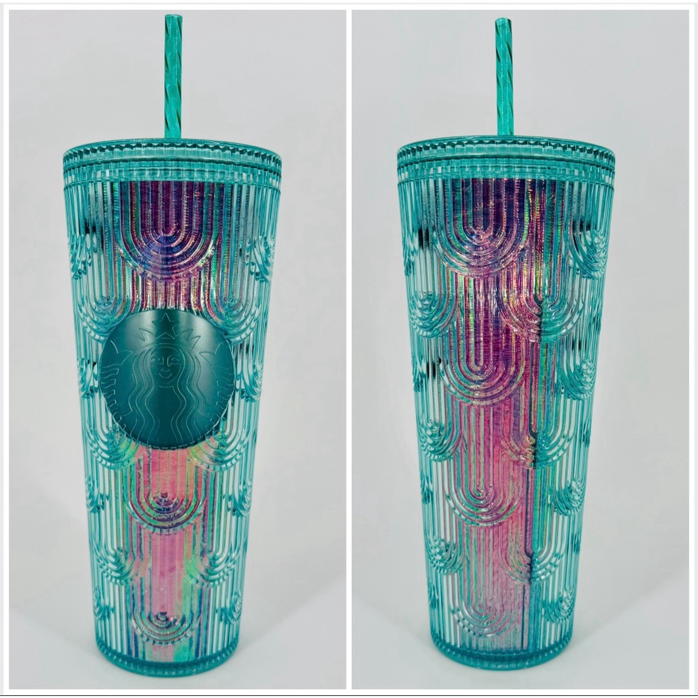 New Starbucks Teal Iridescent Mermaid Scales Waves Studded Venti Cold Cup